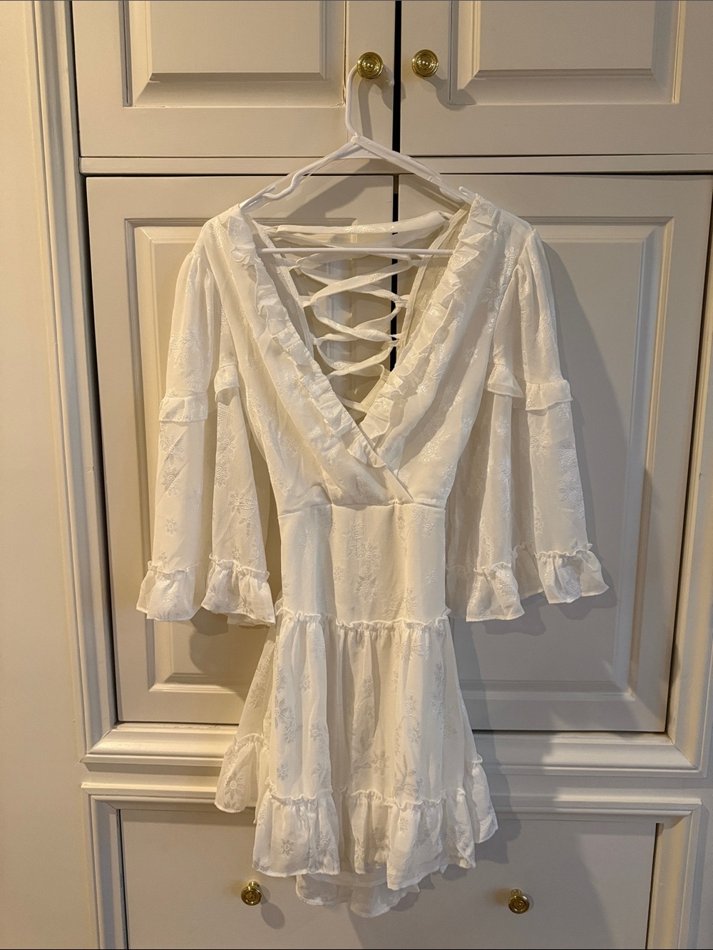 Hello Molly White Lace-Up Ruffled Mini Dress
